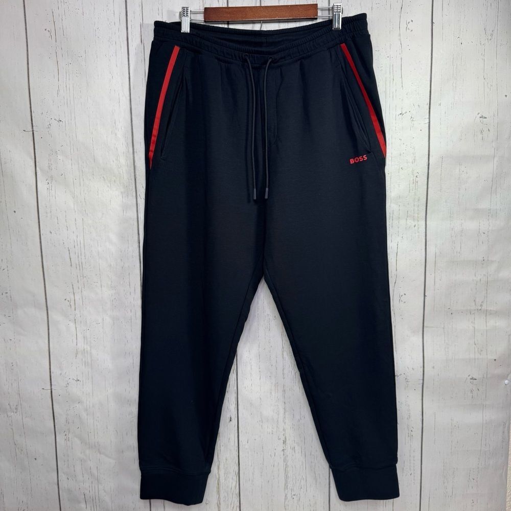 BOSS Mens Black Jogger Sweatpants Red Trim Logo Athletic Streetwear Sport Luxe